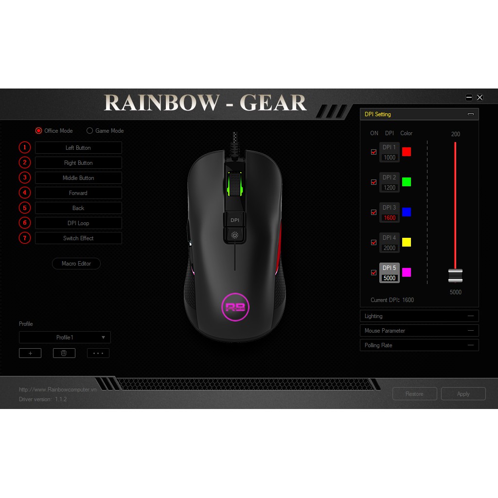 chuột gaming rainbow F600 DPI 5000 led RGB có software