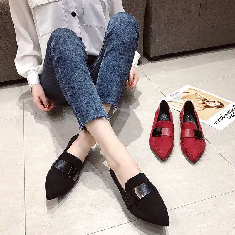 (ORDER) Giày lười nữ beanie màu đỏ/đen mũi nhọn sang trọng trẻ trung công sở Hàn Quốc (New_Arrivals_Hot) -meobeox