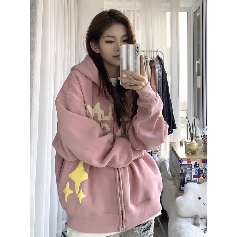 Áo Khoác Hoodie Mỏng Dáng Rộng Màu Hồng Phong Cách Hip Hop Mỹ Thời Trang Xuân Thu Cho Nữ