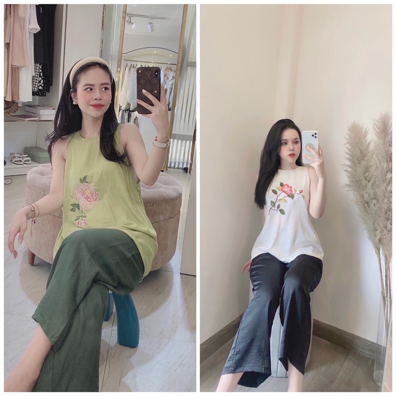 Set áo yếm thêu hoa phối quần sớ xanh đen