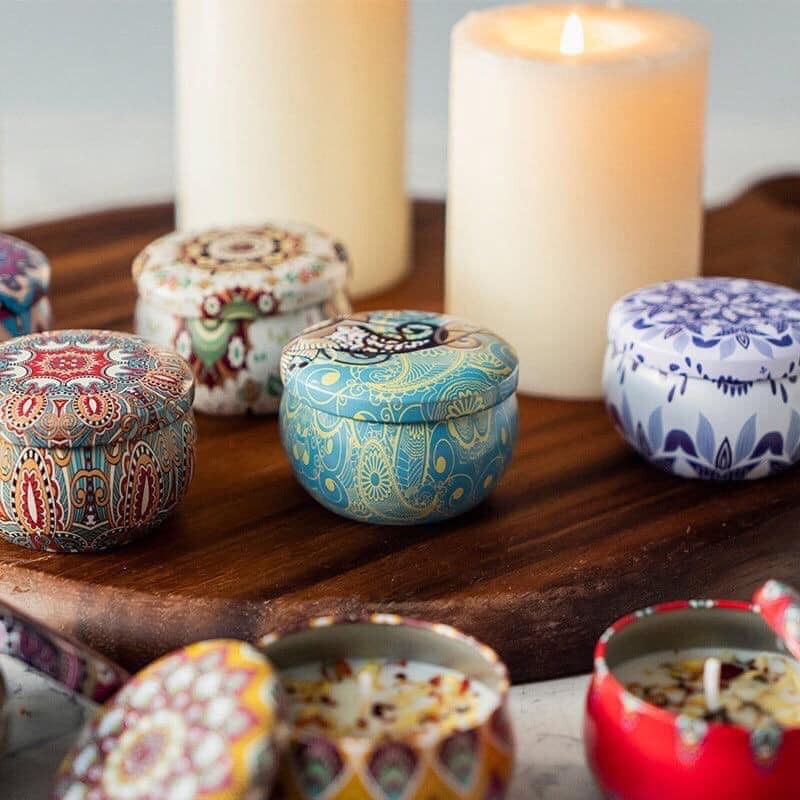 Nến thơm hũ thiếc nến khử mùi sáp nến thơm phòng nguyên liệu từ thiên nhiên họa tiết nhiều màu xinh xắn SF1391