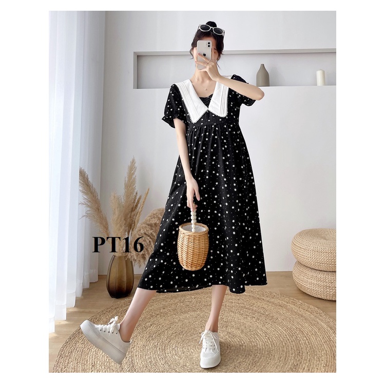 Đầm bầu đen hoa nhí dáng dài cổ trắng- PT16 [ĐẦM BẦU THỎ]