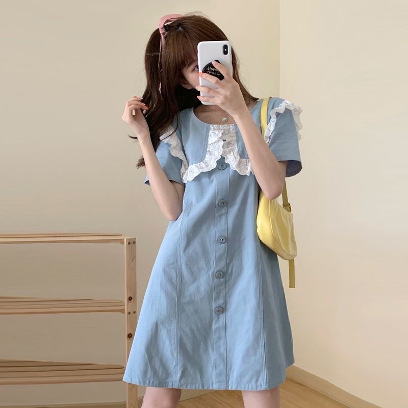 Đầm chữ A cổ hải quân phối ren phong cách Pháp mùa hè