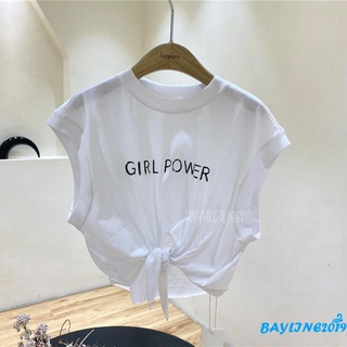 Bay-Ladies Summer Loose Sleeveless T-shirt, Women Leisure Style Letter Printing Round Collar Front Tie Up Short Tops