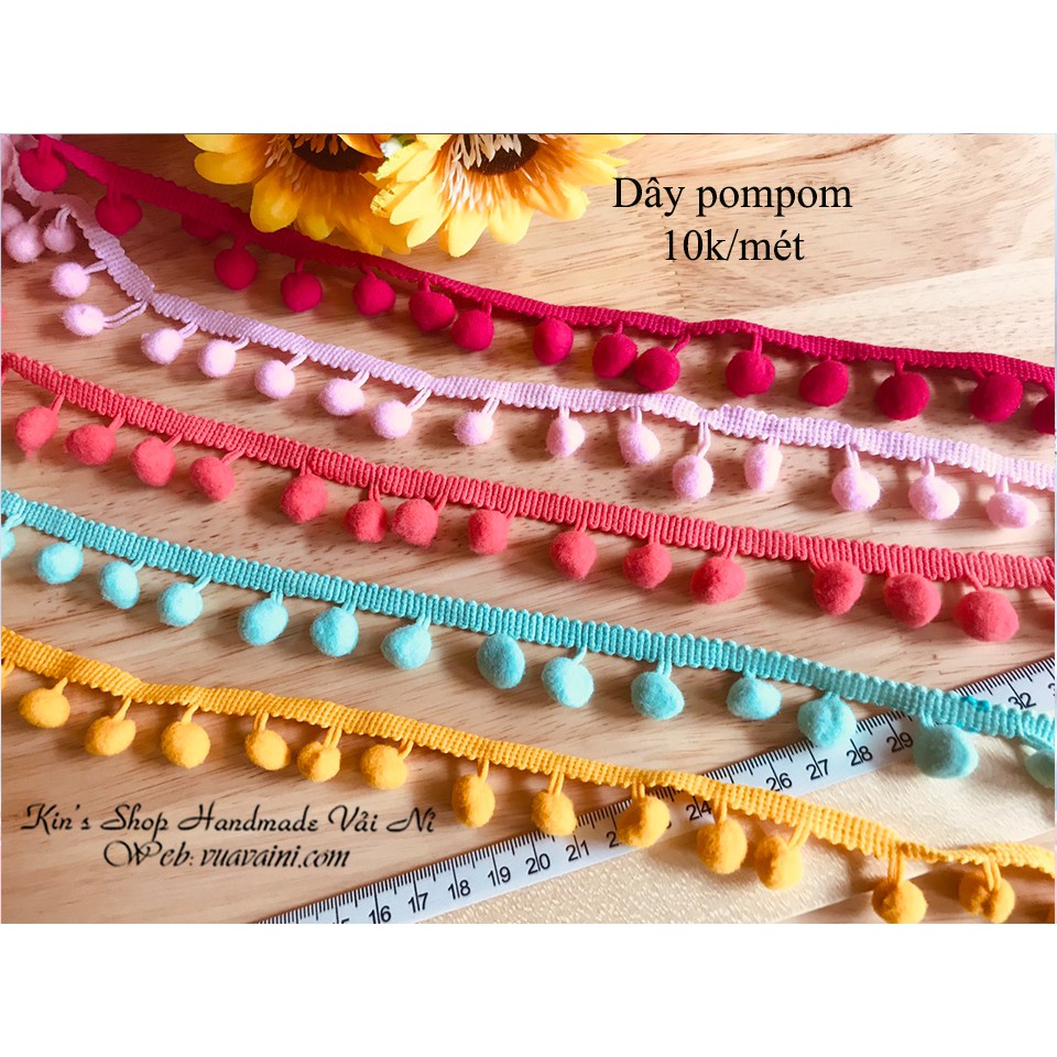 Dây pompom đủ màu, dây trang trí cục bông đủ màu - Nguyên liệu handmade, dùng trong may mặc