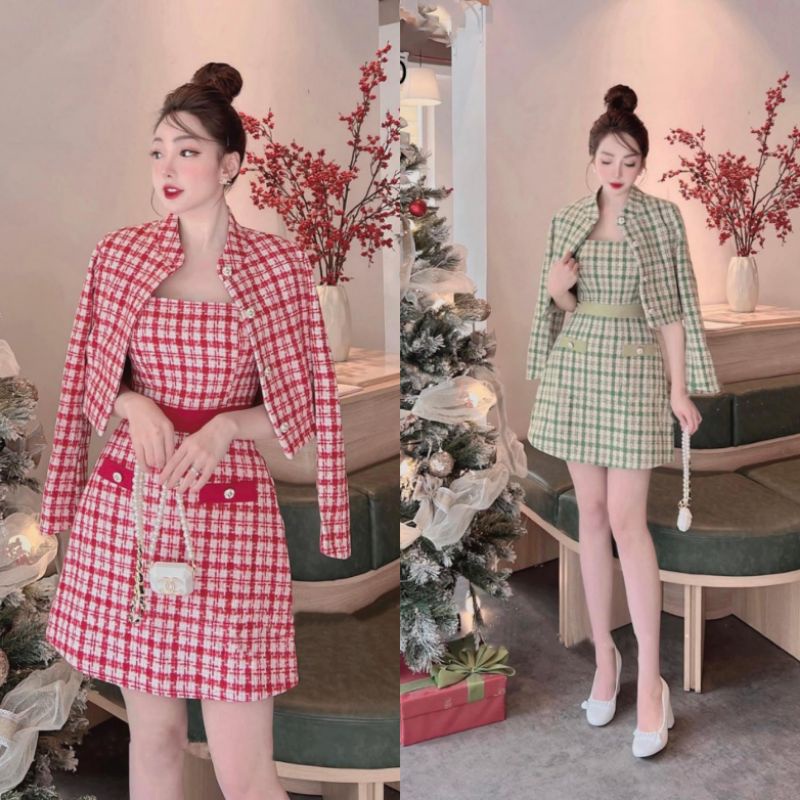 Set Đồ Nữ Ms.0720 Áo Khoác Dạ Dáng Ngắn Cổ Tàu Phối Đầm Hai Dây Chất Dạ Hai Lớp, Chuẩn Form
