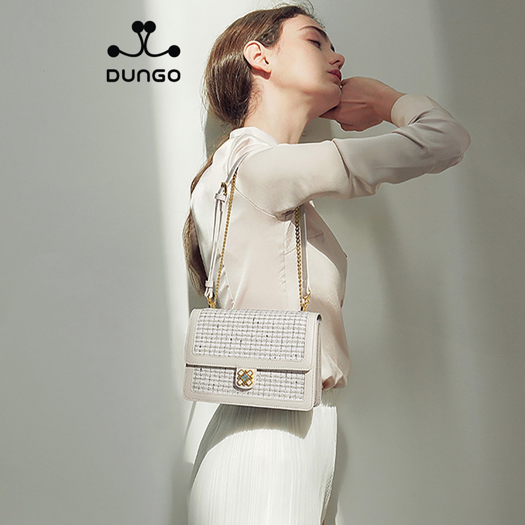 Túi Xách NUCELLE Tweed Trắng/ Xanh Khóa Hoa NU1171994