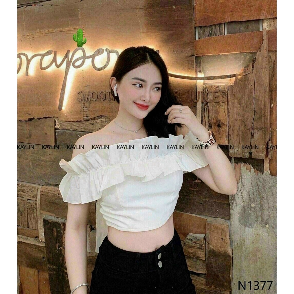 áo croptop trễ bèo vai xinh chất kate mềm p