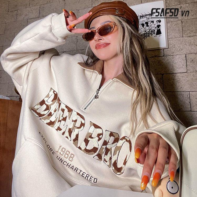 Áo Nỉ Có Khóa Kéo Cổ polo Cỡ Lớn Thêu Họa Tiết Màu Sắc Tương Phản Phong Cách Retro Mỹ Cho Nữ