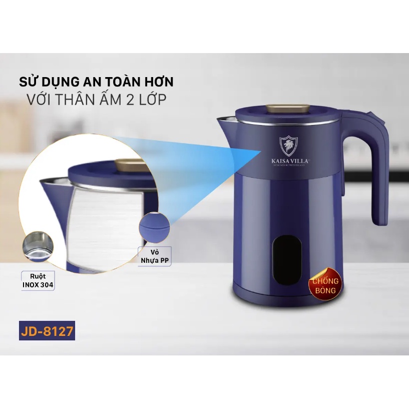 Ấm Siêu Tốc Kaisavilla Công Suất Mạnh Mẽ 1500W Dung Tích 1,8L Chất Liệu Ruột Inox 304 Bảo Hành 1 Năm