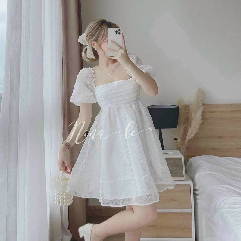 Đầm váy trắng ren nổi tơ babydoll ngắn cổ vuông tay bồng/phồng hoạ tiết hoa thời trang nữ tiểu thư công chúa dễ thương