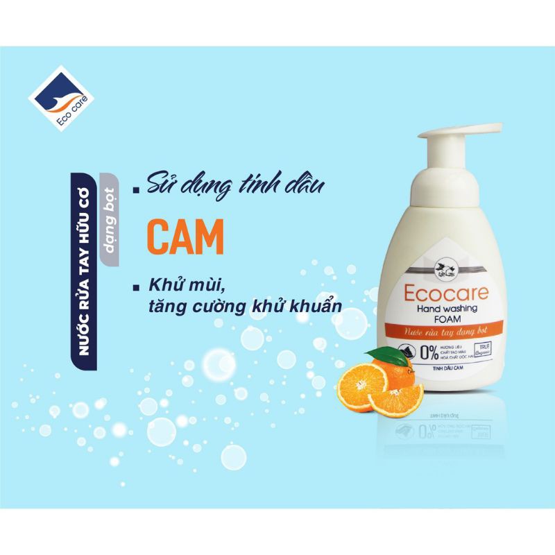 Nước rửa tay hữu cơ diệt khuẩn dạng bọt tinh dầu cam 250ml. Thương hiệu Ecocare | BigBuy360 - bigbuy360.vn