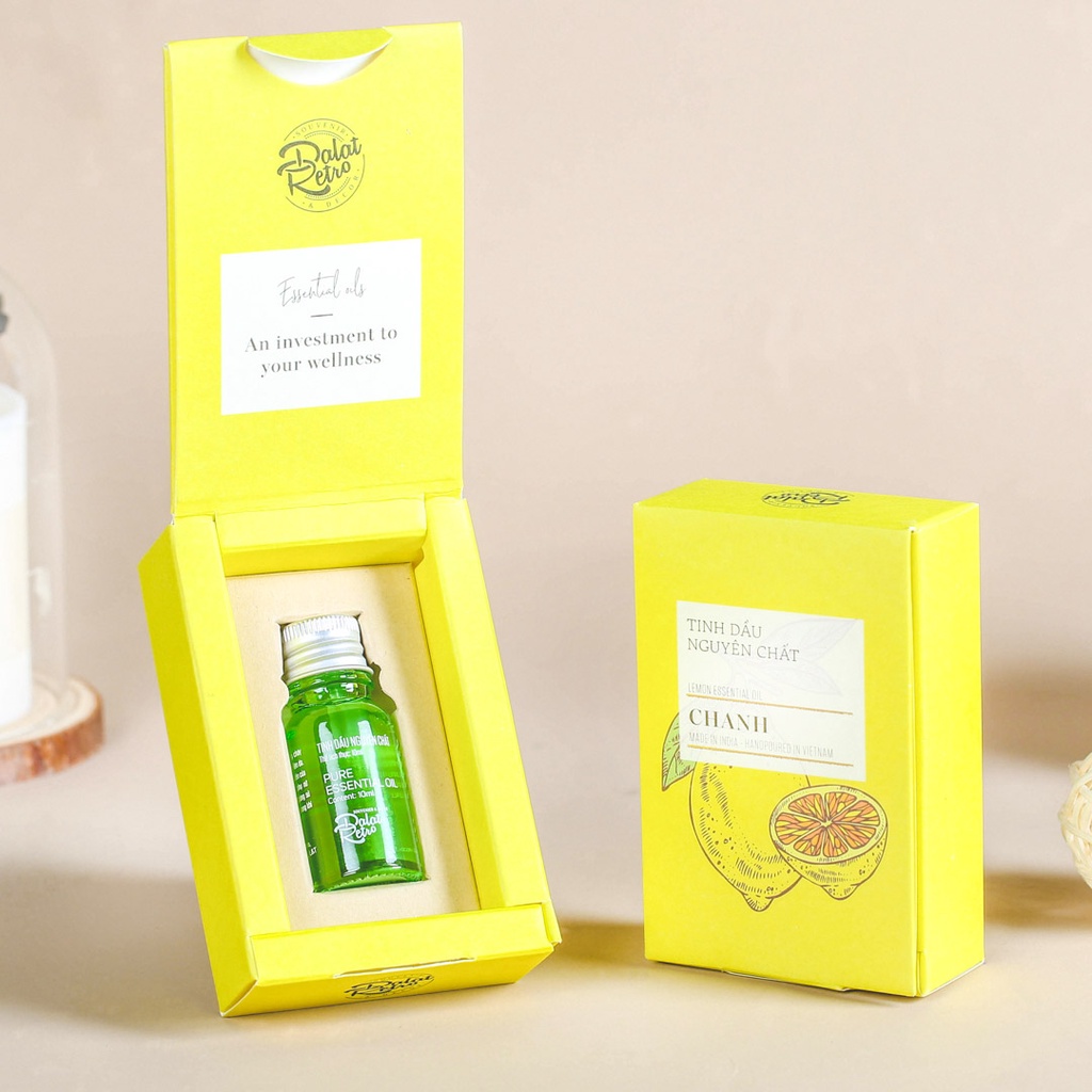 Tinh dầu nguyên chất Dalat Retro, chanh lemon, 10ml, hộp, mẫu minimal