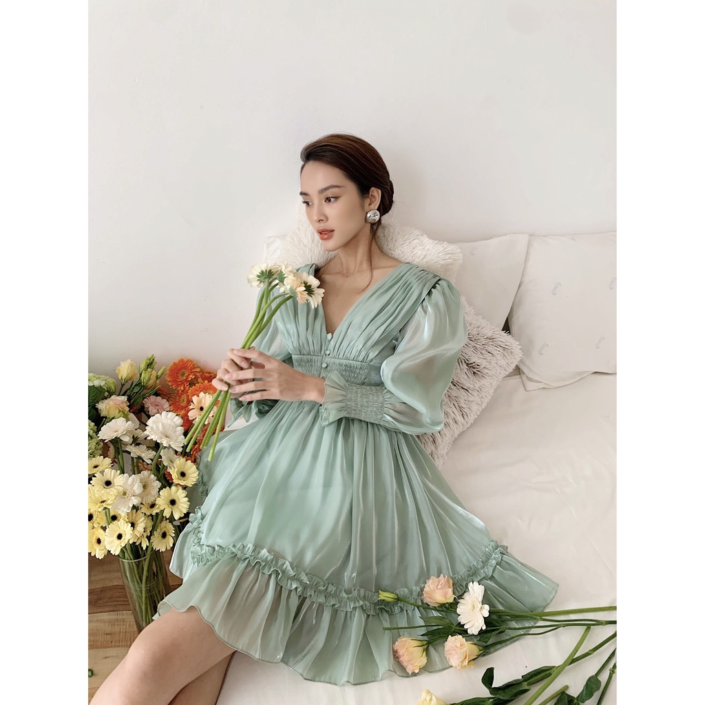 [Mã WABRWA15 giảm 15% đơn 300K] MOLLYNISTA- Đầm Emila organza xanh ngọc nhúm ngực tay dài | BigBuy360 - bigbuy360.vn