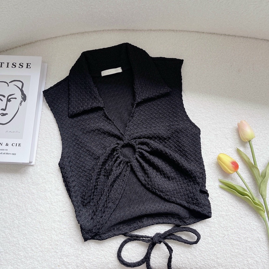 Áo thun croptop ba lỗ cổ bẻ kiểu khoen ngực xinh buộc dây chất thun xốp hột