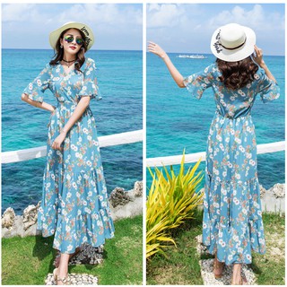 🔥XẢ HÀNG NGHỈ BÁN🔥Đầm maxi hoa xanh, chất voan mềm mại, lưng thun co dãn, có ảnh feedback