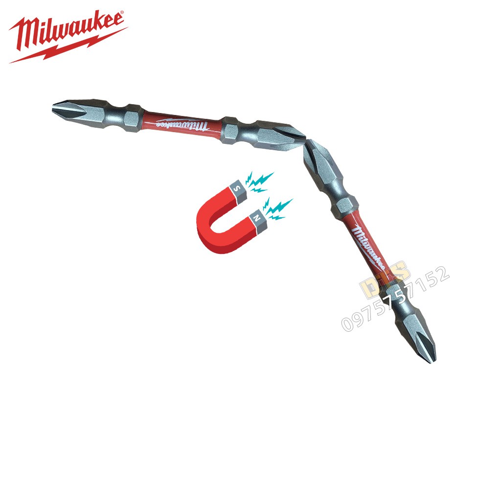 Mũi vít Milwaukee Mỹ siêu bền PH2 dài 65mm, mũi bắt vít 2 đầu 4 cạnh bake có nam châm từ siêu cứng, chống gỉ, chống tòe