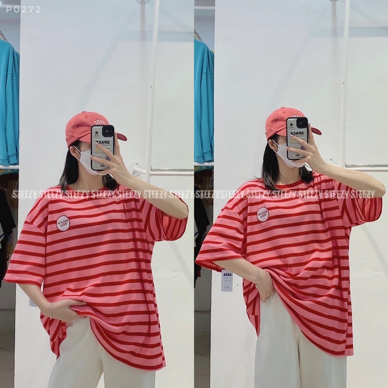 Áo thun áo phông unisex kẻ nhỏ thêu chữ ROCK N ROLL form rộng vải sợi cotton dày