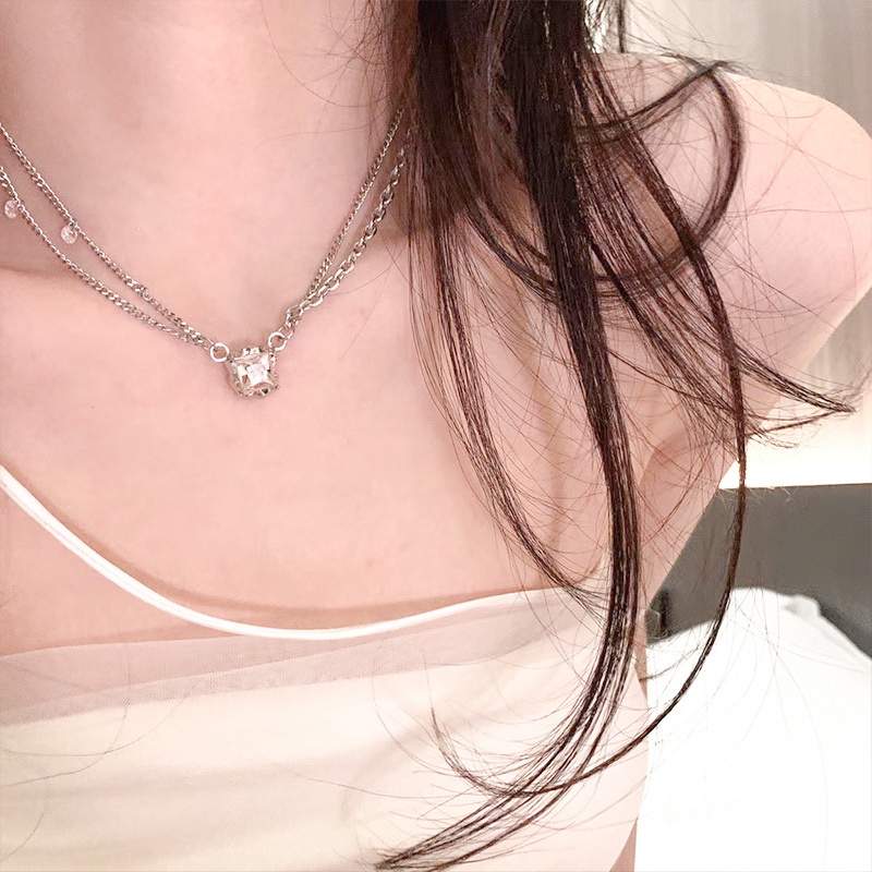 Vòng cổ Hai Lớp Đính Đá Pha Lê Hồng Tinh Tế Thời Trang Cho Nữ