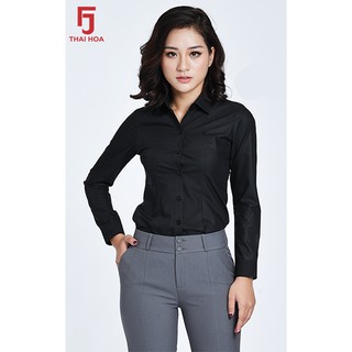 [ HÀNG CÓ SẴN CHÍNH HÃNG THÁI HÒA ] Áo sơ mi nữ tay dài Thái Hòa trơn - Màu đen - 047-15