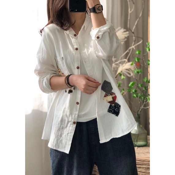 Áo sơ mi tay dài thêu hoa vải xô mịn freesize
