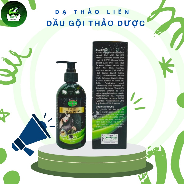 Dầu Gội Thiên Nhiên Thảo Dược Dạ Thảo Liên Sạch Gàu Chăm Sóc Dưỡng Tóc Mềm Mượt Rikota NLDG300