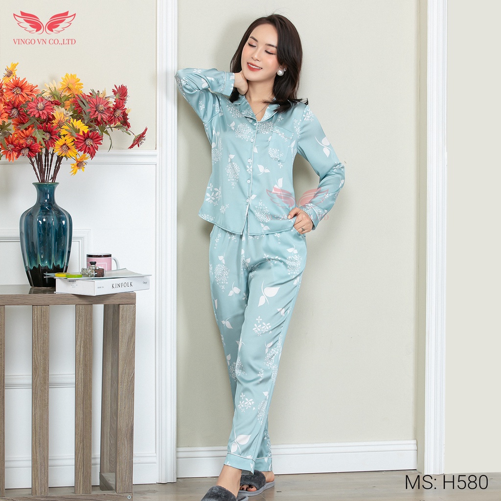 Đồ bộ ngủ nữ pyjama mặc nhà VINGO Lụa Pháp mềm cao cấp tay dài quần dài họa tiết chùm hoa xanh ngọc Thu Đông H580 VNGO | WebRaoVat - webraovat.net.vn