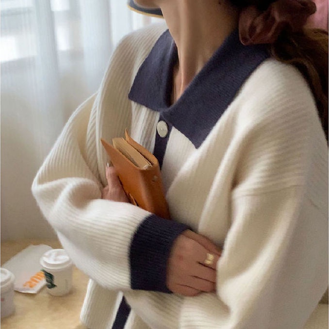 Áo Khoác Cardigan Dệt Kim Dáng Rộng Màu Sắc Tương Phản Phong Cách Retro Dành Cho Nữ