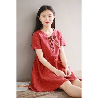 Váy Bầu Chấm Bi Đỏ Nơ Cổ (Kèm ảnh thật)