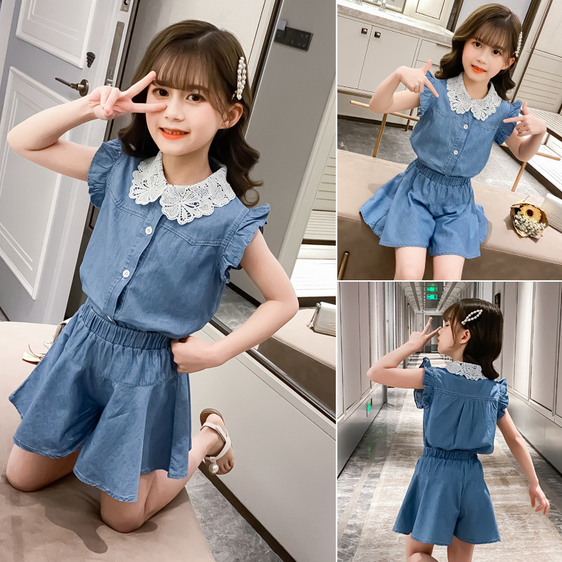 Bộ đồ denim mùa hè hai mảnh gồm quần Culottes thời trang Hàn Quốc giản dị cho bé gái