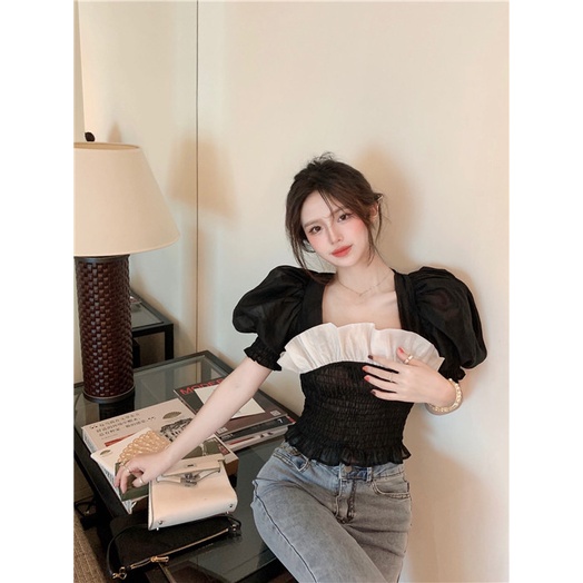 COZOK Áo sơ mi tay ngắn phồng màu đen thời trang mùa hè cho nữ