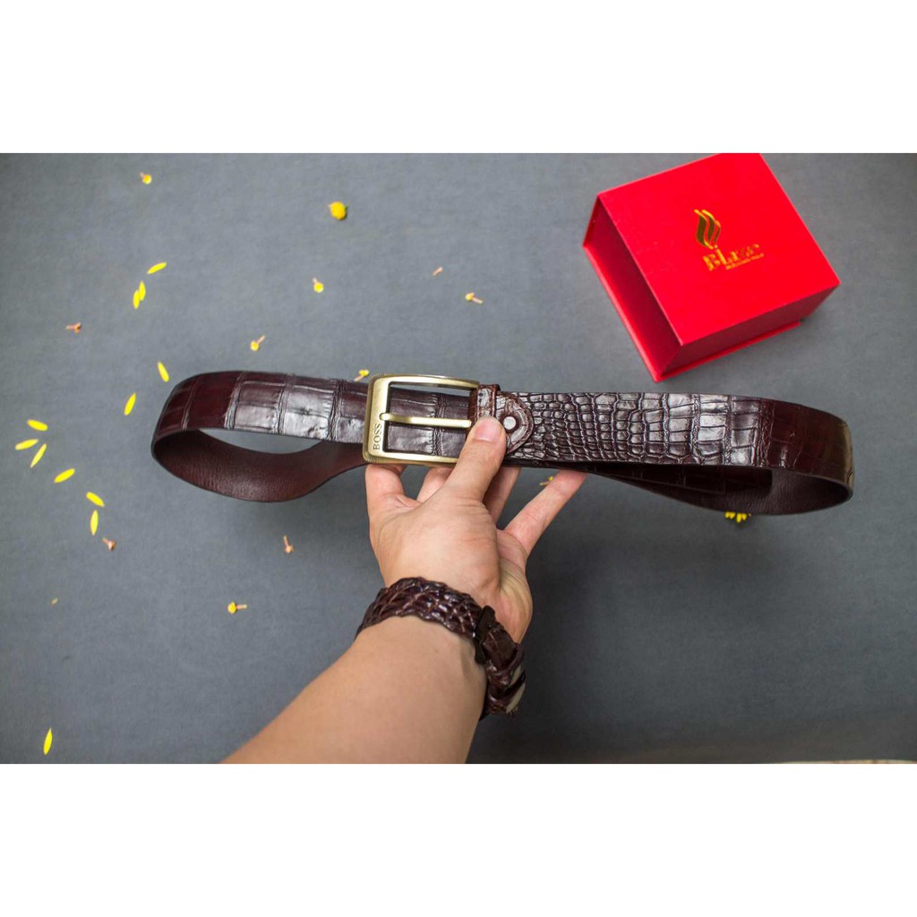 Thắt lưng da bò xịn vân cá sấu - Dây nịt khóa kim hàng hiệu ( nâu 03)