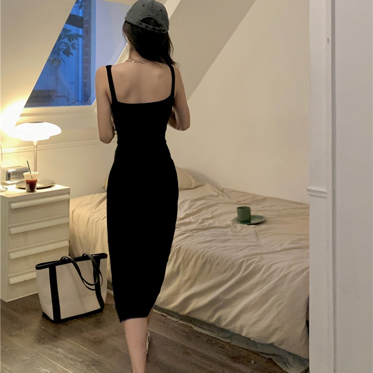 Đầm IELGY dệt kim màu đen dáng ôm phong cách Pháp thời trang sang trọng cho nữ