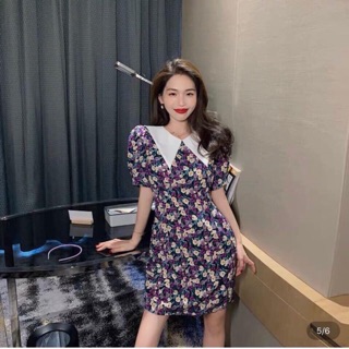 Váy hoa ngắn cổ sen nhọn
