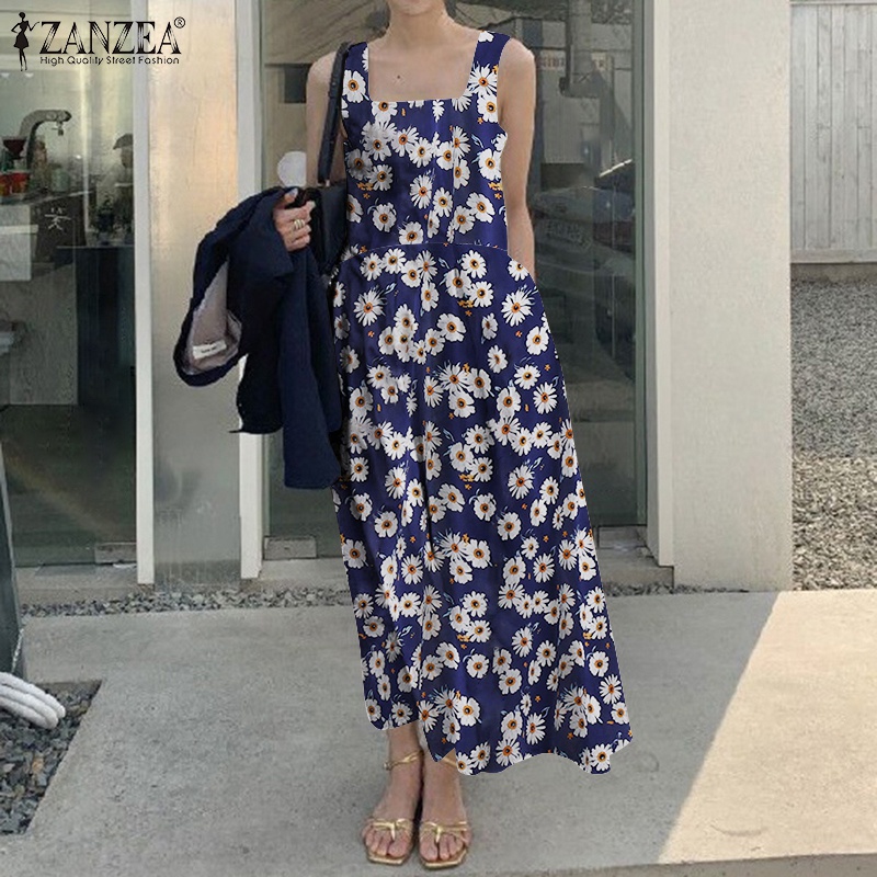 Zanzea Đầm Dài Xếp Ly Cổ Vuông Không Tay Thời Trang Dành Cho Nữ