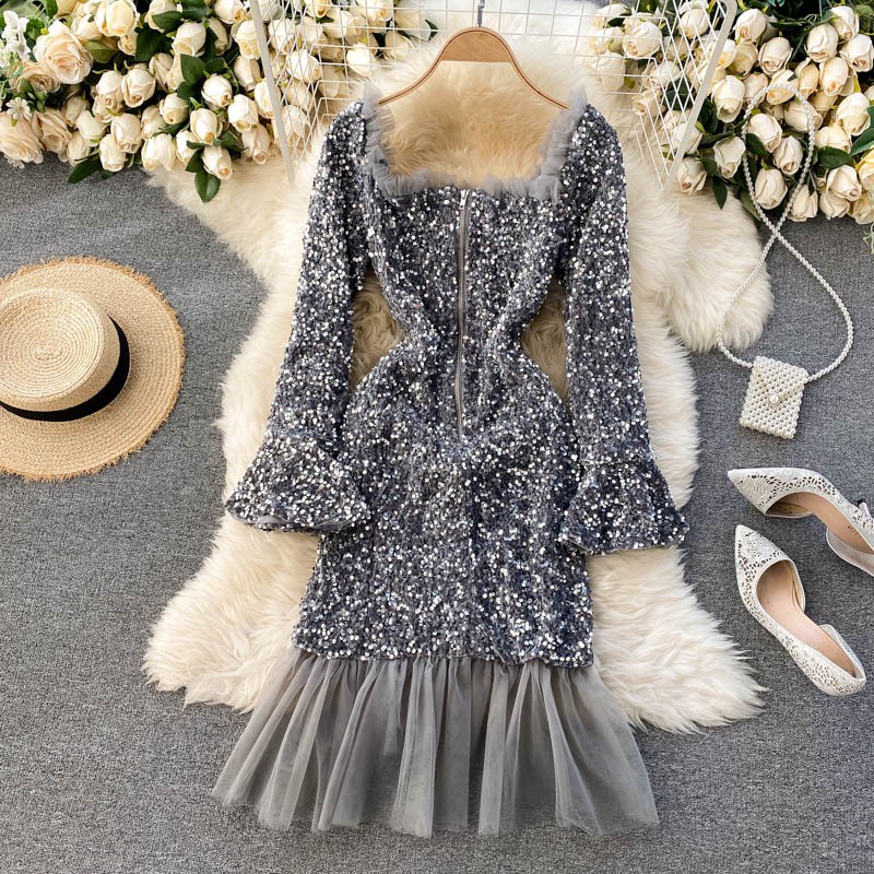 Váy body đính sequin lấp lánh đầm đuôi cá phối chân ren