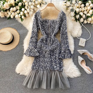 [Hàng order] Váy body đính sequin lấp lánh đầm đuôi cá phối chân ren