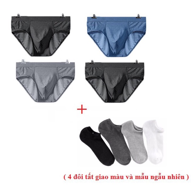Combo Hộp 4 Quần Sip Tam Giác Thông Hơi + 4 Đôi Tất Ngắn Cổ ( Kèm Ảnh Và Video Thật )