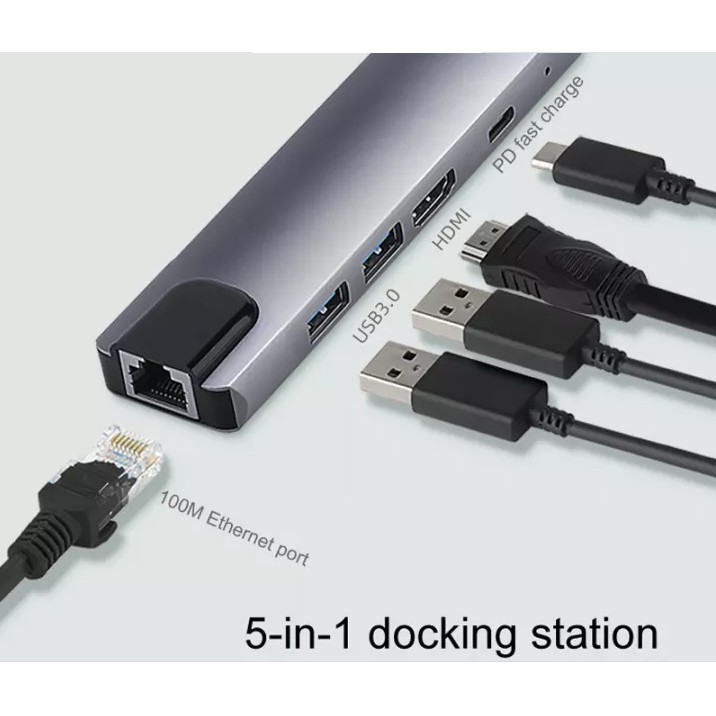 Cáp chuyển đổi Hup USB Type C 5 in 1 To HDMI, RJ45, 2 x USB 3.0 x 1 /2.0 x 1 USB Type C Hãng Veggieg V-TC05R