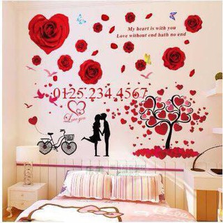 Decal dán tường combo 2 bức xe đạp tình yêu+ hoa hồng tình yêu