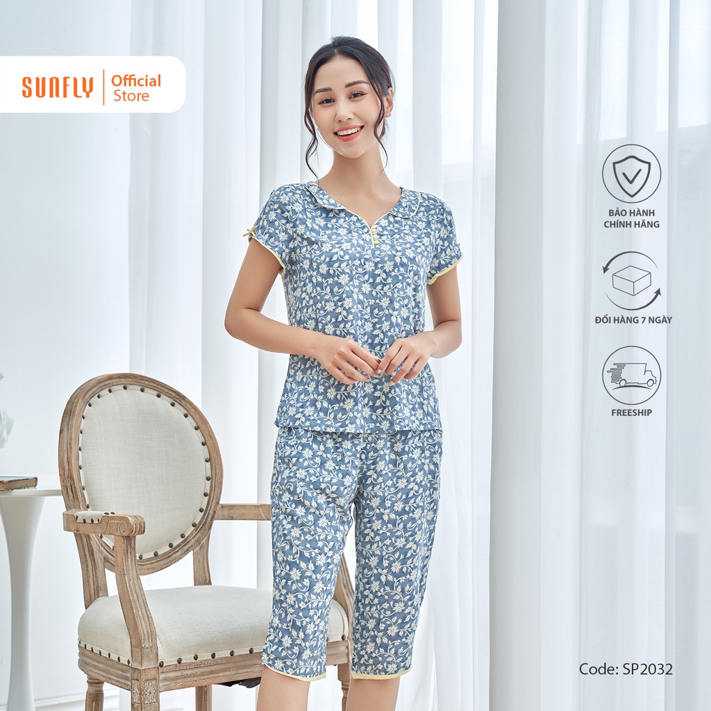 SP2032 Bộ đồ mặc nhà nữ lanh SUNFLY áo cộc, quần ngố