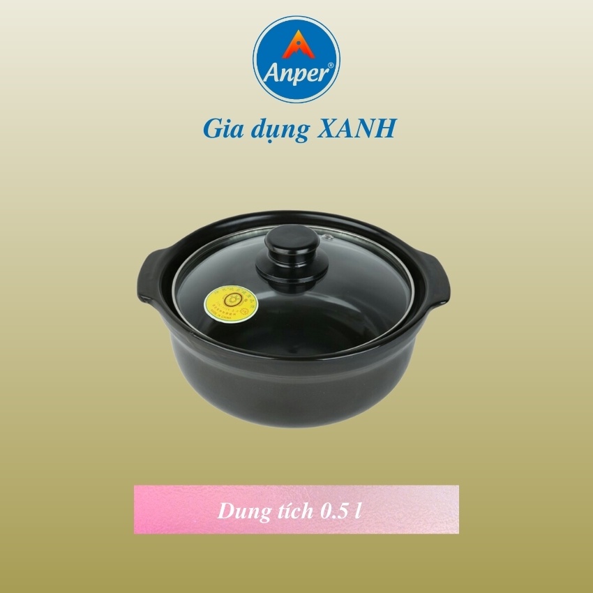 Nồi Đất Hàn Quốc Loại 1 Sâu 0.5L Anper+ Nắp Kính Men Chống Dính (KO Bếp Từ) ,Nồi Kho Quẹt, Kho Thịt Cá Nấu Mì