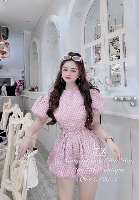 Set gấm xốp áo cổ tròn tay phồng phối quần short bí!