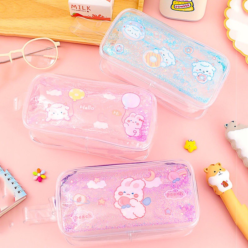 Hộp bút nhũ trong suốt có kim tuyến chuyển động kèm sticker siêu cute, Túi đựng bút size to tiện dụng