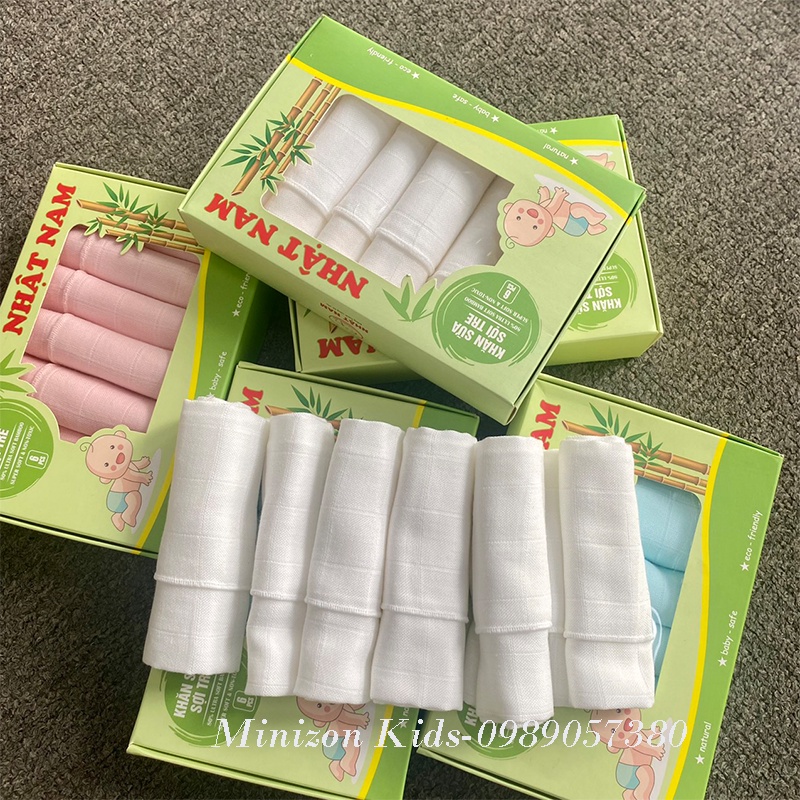Khăn sữa sợi tre Nhật Nam 3 lớp hộp 6 chiếc 30*30cm siêu mềm | Minizon Kids