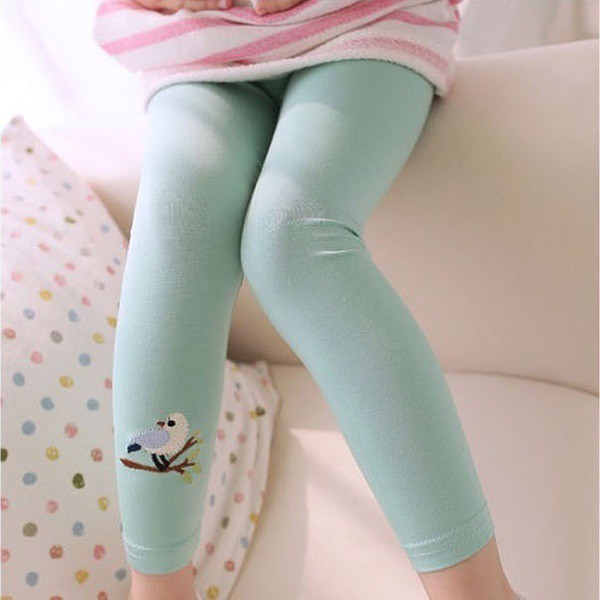 Quần legging cotton thêu hình con chim giữ ấm co giãn cho bé gái 2-7 tuổi