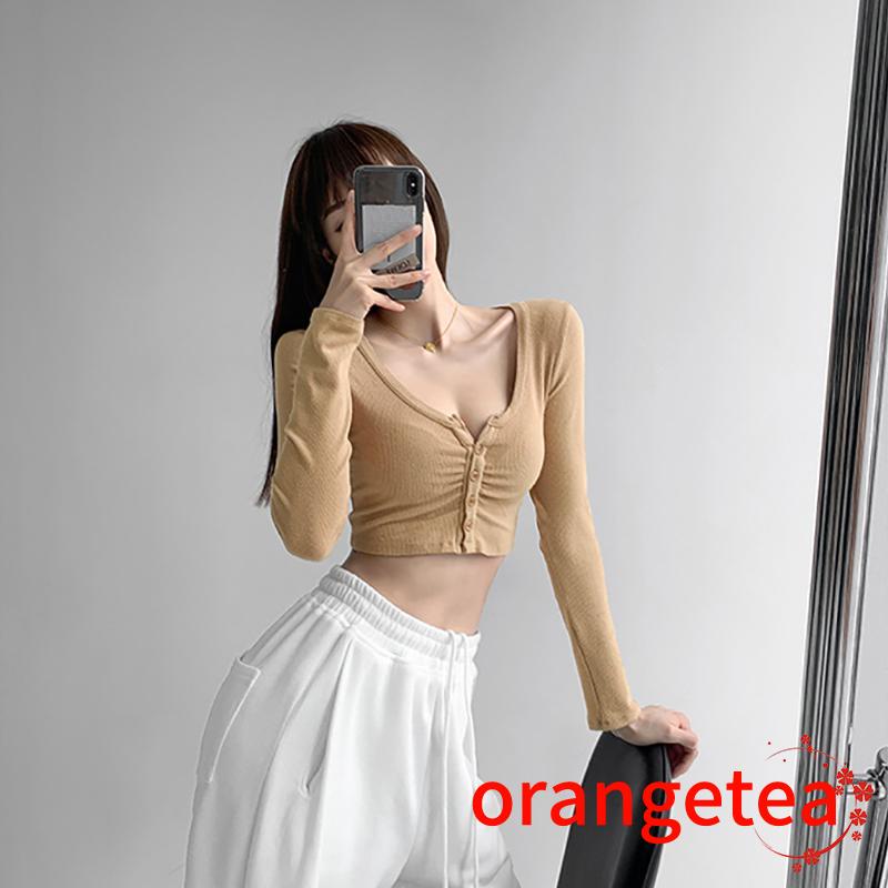 Áo Croptop Tay Dài Cổ Chữ V Màu Sắc Đơn Giản Cho Nữ