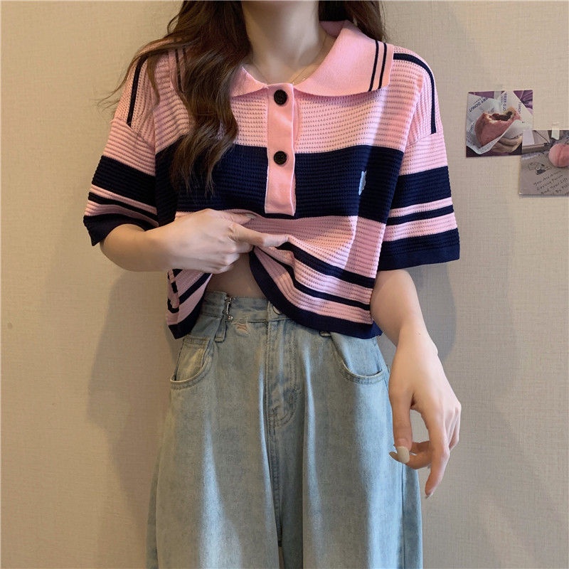 áo croptop Áo polo Dệt Kim Ngắn Tay Họa Tiết Kẻ Sọc Thời Trang Cho Nữ JL-TX-172