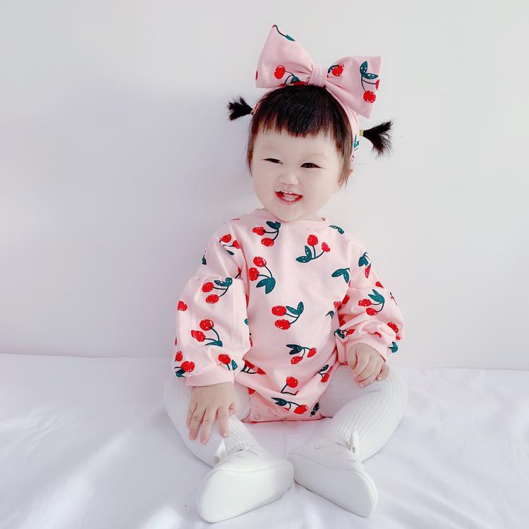 Set áo liền quần dài tay + băng đô cotton in hình cherry thời trang mùa thu cho bé gái