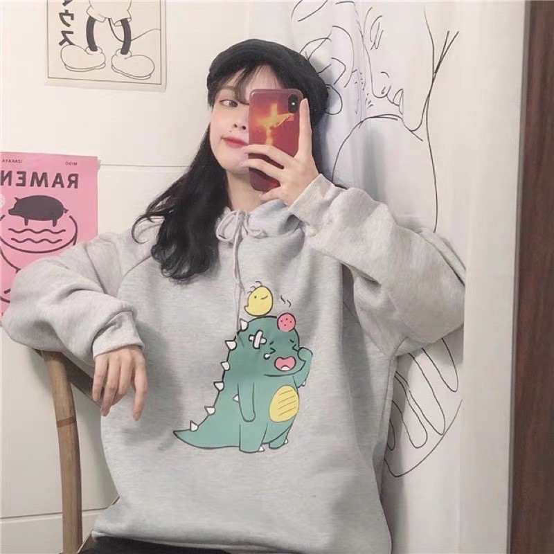 Áo HOODIE in hình khủng long MŨ 2 LỚP khoác nỉ bông có mũ tay bồng from rộng